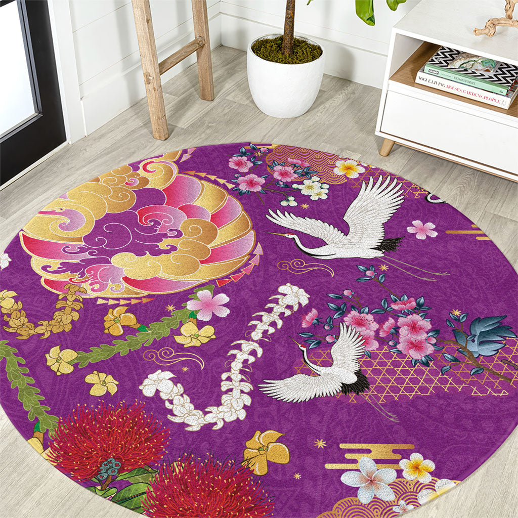 Hawaiian and Japanese Culture Together Round Carpet Kakau Tribal Pattern and Irezumi Art Purple Color LT03 Purple - Polynesian Pride