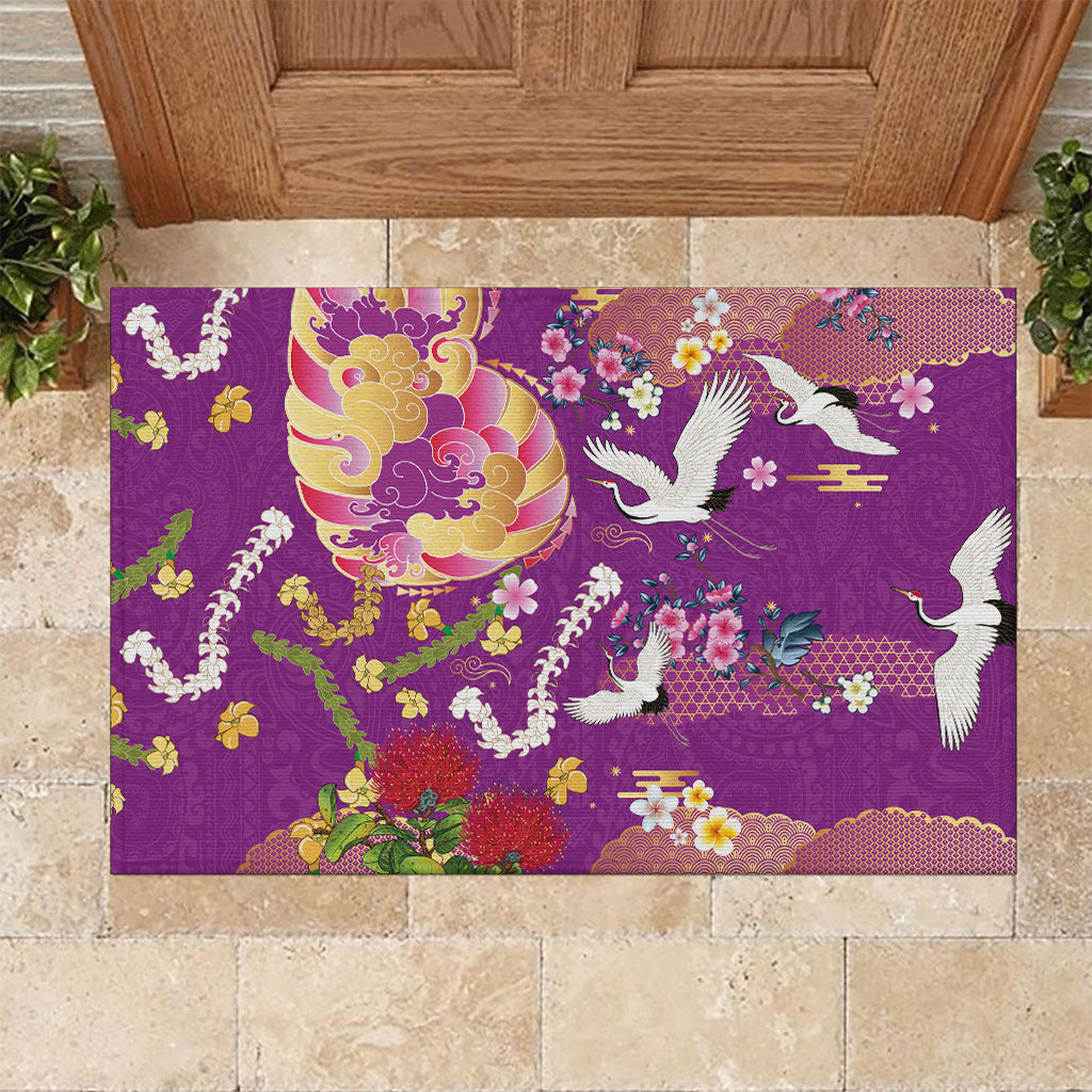 Hawaiian and Japanese Culture Together Rubber Doormat Kakau Tribal Pattern and Irezumi Art Purple Color LT03 Purple - Polynesian Pride