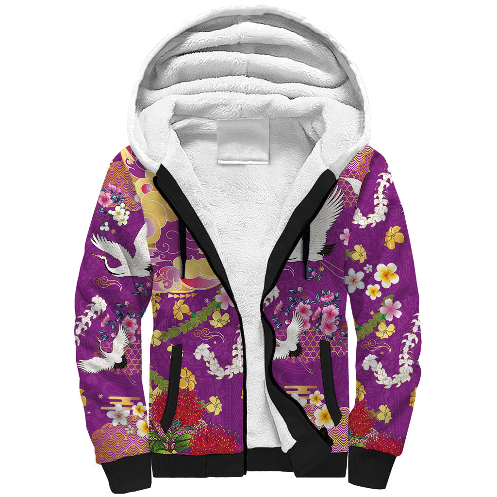 Hawaiian and Japanese Culture Together Sherpa Hoodie Kakau Tribal Pattern and Irezumi Art Purple Color LT03 Unisex Purple - Polynesian Pride