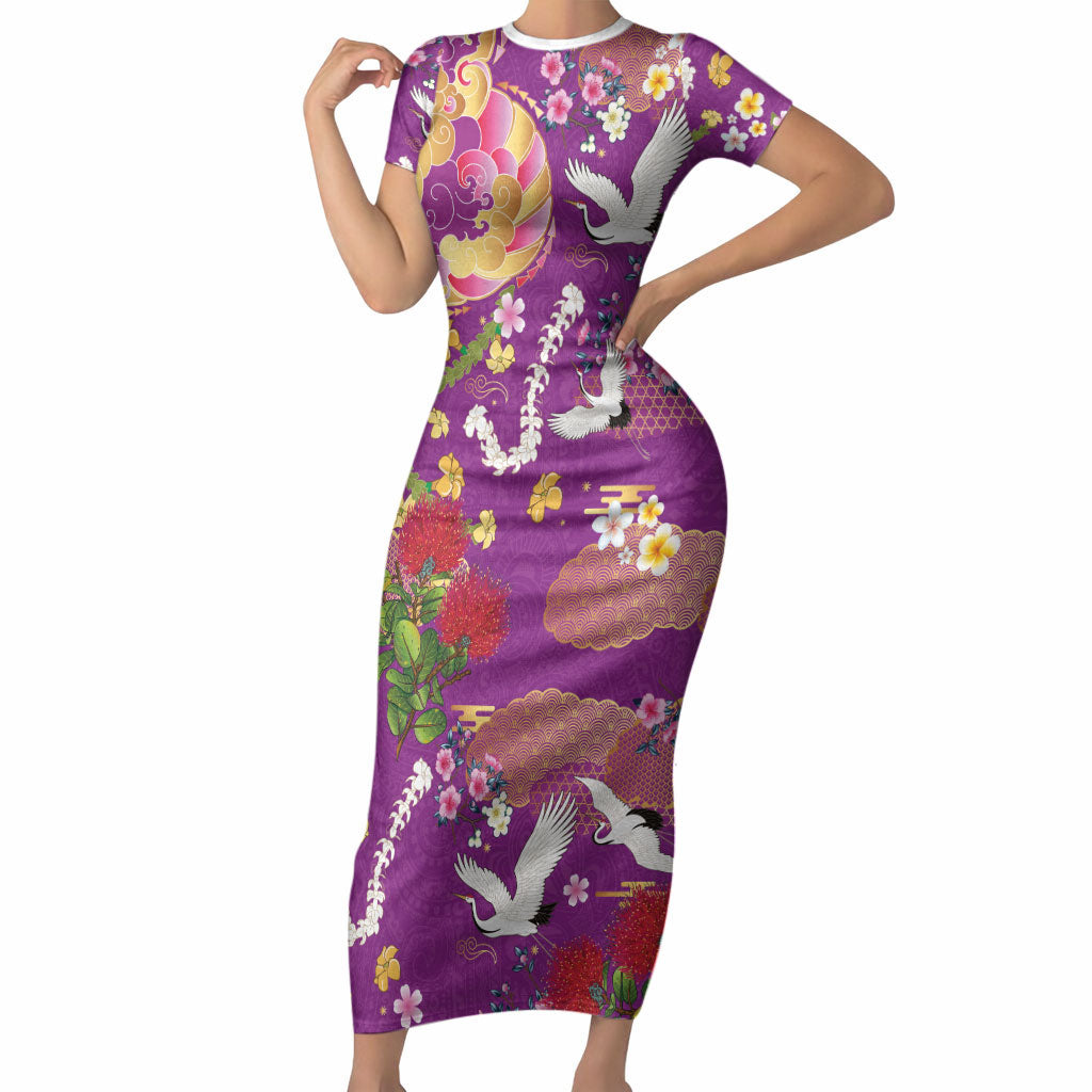 Hawaiian and Japanese Culture Together Short Sleeve Bodycon Dress Kakau Tribal Pattern and Irezumi Art Purple Color LT03 Long Dress Purple - Polynesian Pride