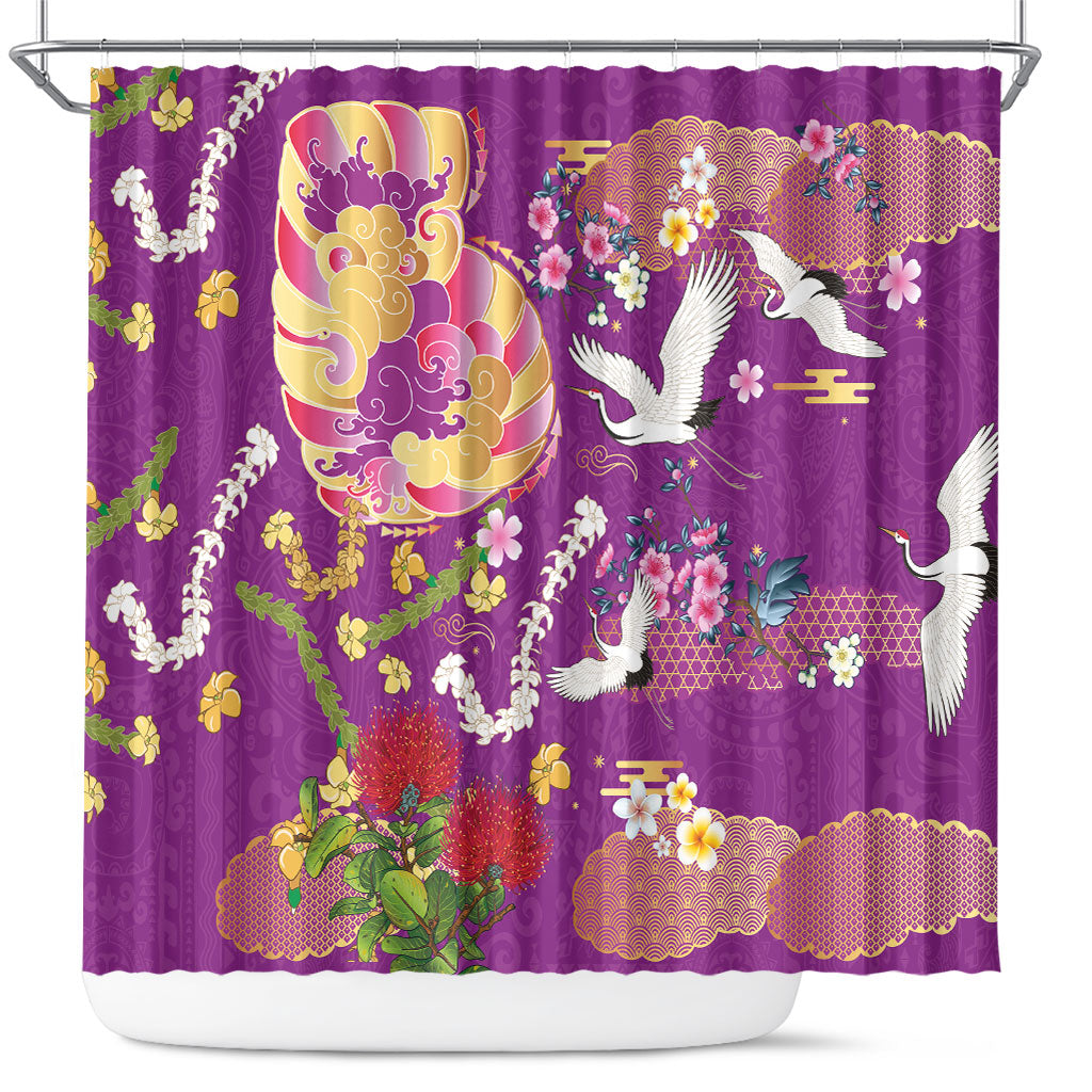 Hawaiian and Japanese Culture Together Shower Curtain Kakau Tribal Pattern and Irezumi Art Purple Color LT03 Purple - Polynesian Pride