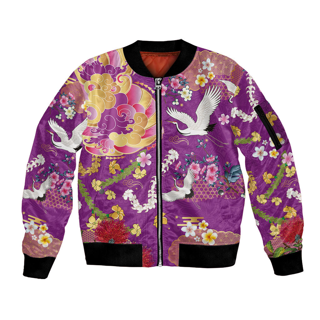 Hawaiian and Japanese Culture Together Sleeve Zip Bomber Jacket Kakau Tribal Pattern and Irezumi Art Purple Color LT03 Unisex Purple - Polynesian Pride
