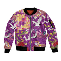 Hawaiian and Japanese Culture Together Sleeve Zip Bomber Jacket Kakau Tribal Pattern and Irezumi Art Purple Color