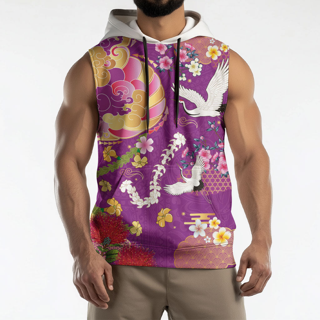 Hawaiian and Japanese Culture Together Sleeveless Hoodie Kakau Tribal Pattern and Irezumi Art Purple Color
