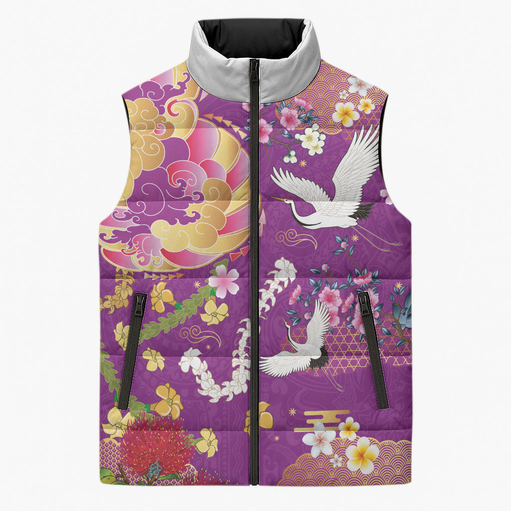 Hawaiian and Japanese Culture Together Sleeveless Puffer Jacket Kakau Tribal Pattern and Irezumi Art Purple Color LT03 Unisex Purple - Polynesian Pride