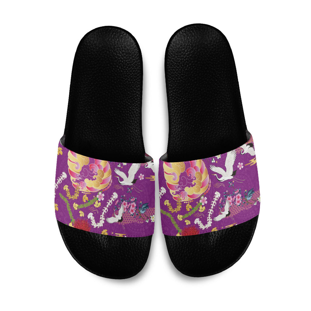 Hawaiian and Japanese Culture Together Slide Sandals Kakau Tribal Pattern and Irezumi Art Purple Color LT03 Purple - Polynesian Pride