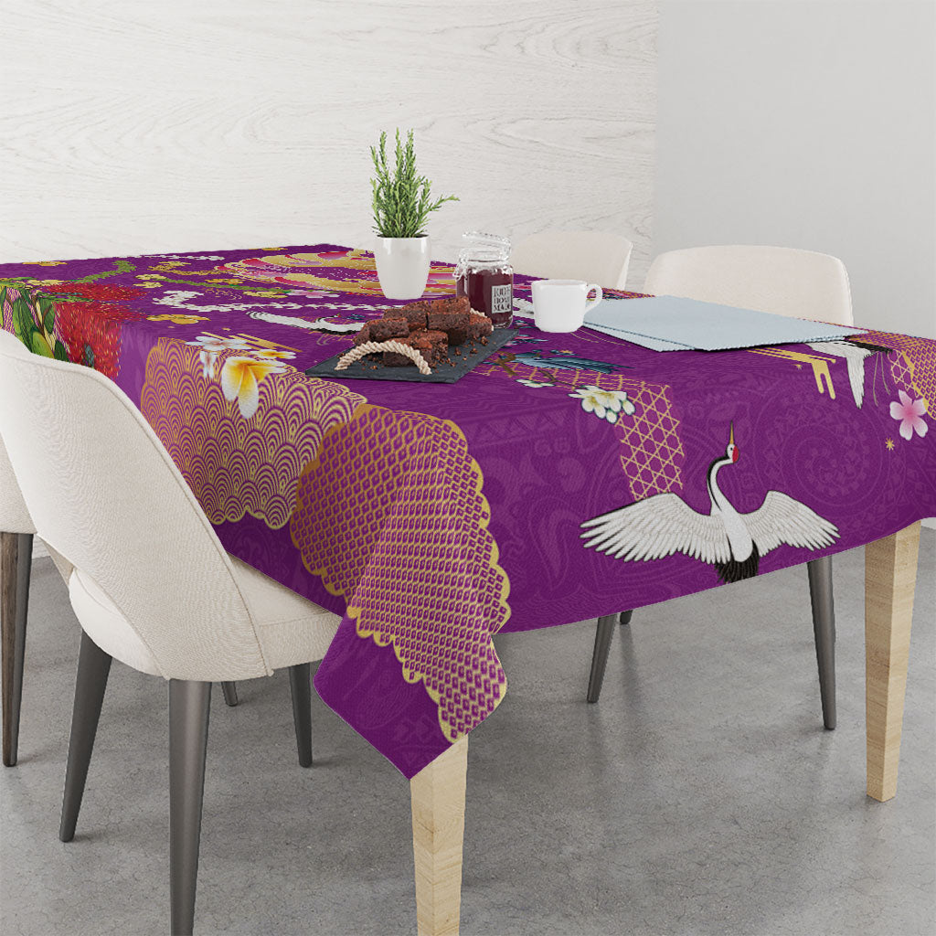 Hawaiian and Japanese Culture Together Tablecloth Kakau Tribal Pattern and Irezumi Art Purple Color LT03 - Polynesian Pride