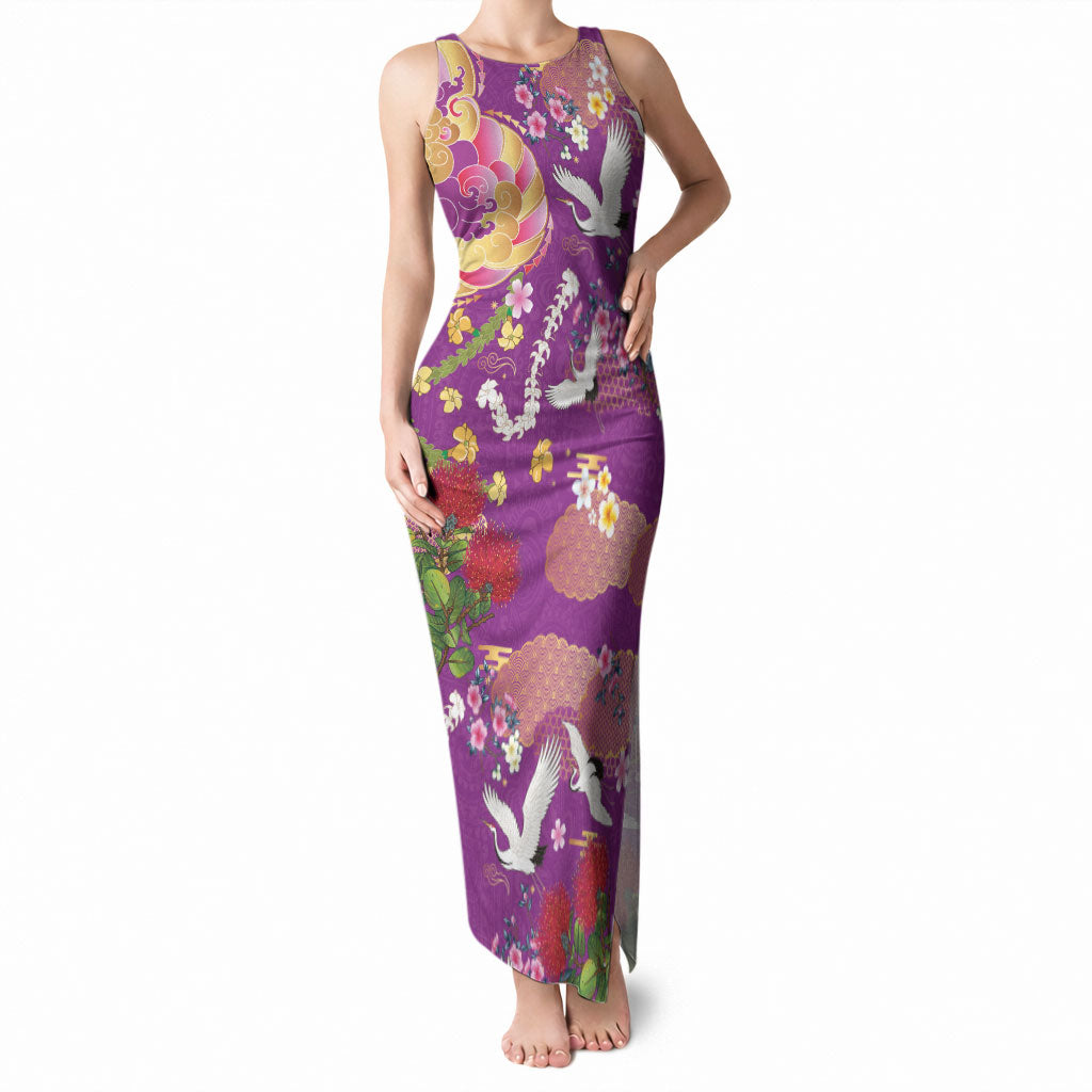 Hawaiian and Japanese Culture Together Tank Maxi Dress Kakau Tribal Pattern and Irezumi Art Purple Color LT03 Women Purple - Polynesian Pride