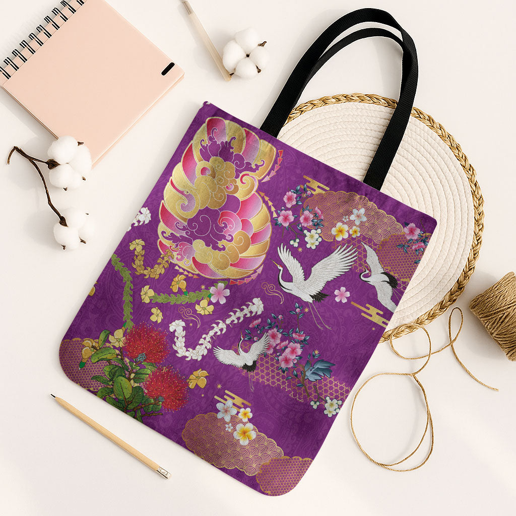 Hawaiian and Japanese Culture Together Tote Bag Kakau Tribal Pattern and Irezumi Art Purple Color LT03 Black Strap One Size Purple - Polynesian Pride