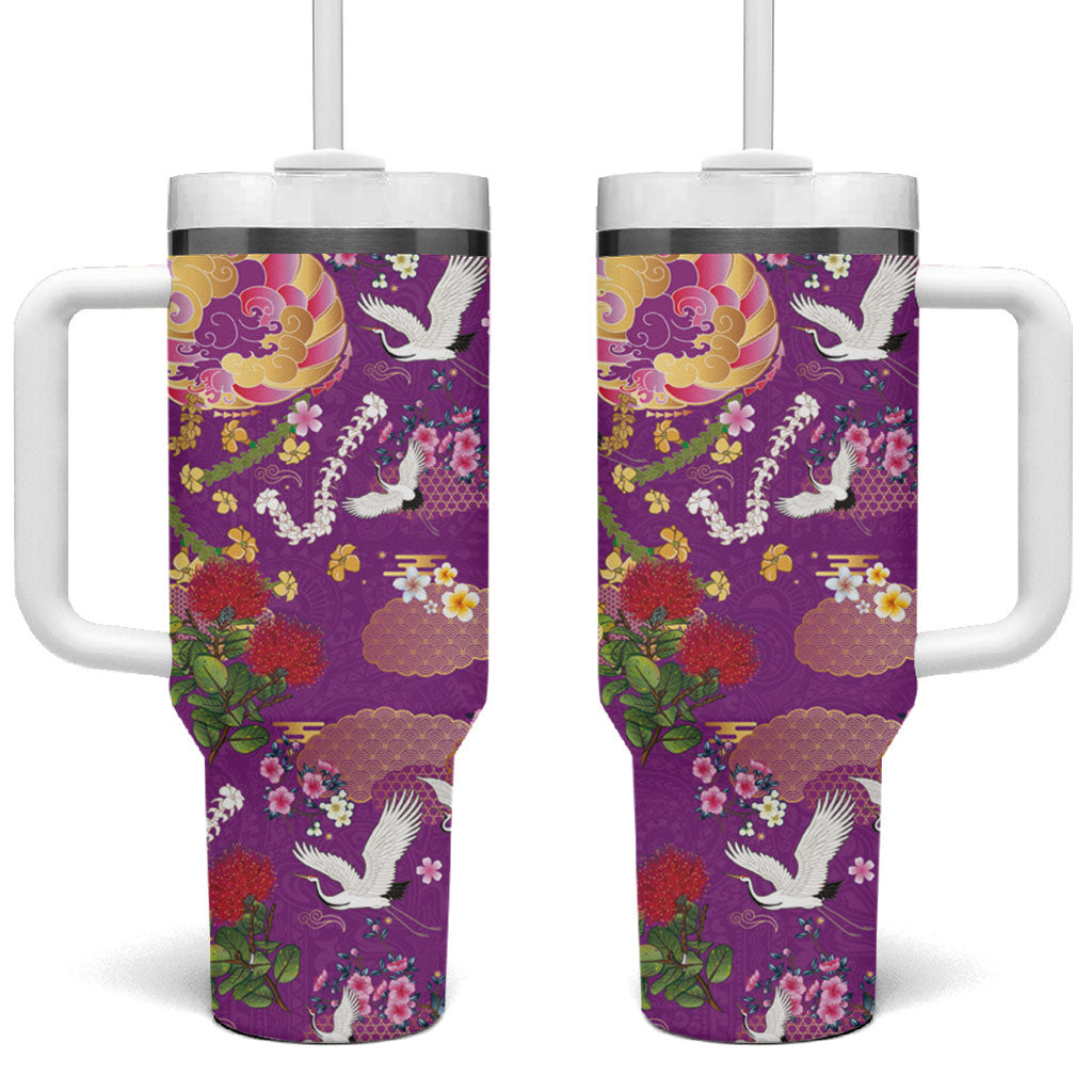 Hawaiian and Japanese Culture Together Tumbler With Handle Kakau Tribal Pattern and Irezumi Art Purple Color LT03 One Size: 40 oz Purple - Polynesian Pride