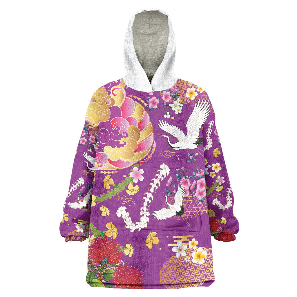 Hawaiian and Japanese Culture Together Wearable Blanket Hoodie Kakau Tribal Pattern and Irezumi Art Purple Color LT03 One Size Purple - Polynesian Pride
