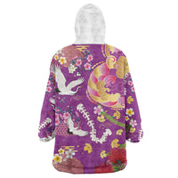 Hawaiian and Japanese Culture Together Wearable Blanket Hoodie Kakau Tribal Pattern and Irezumi Art Purple Color