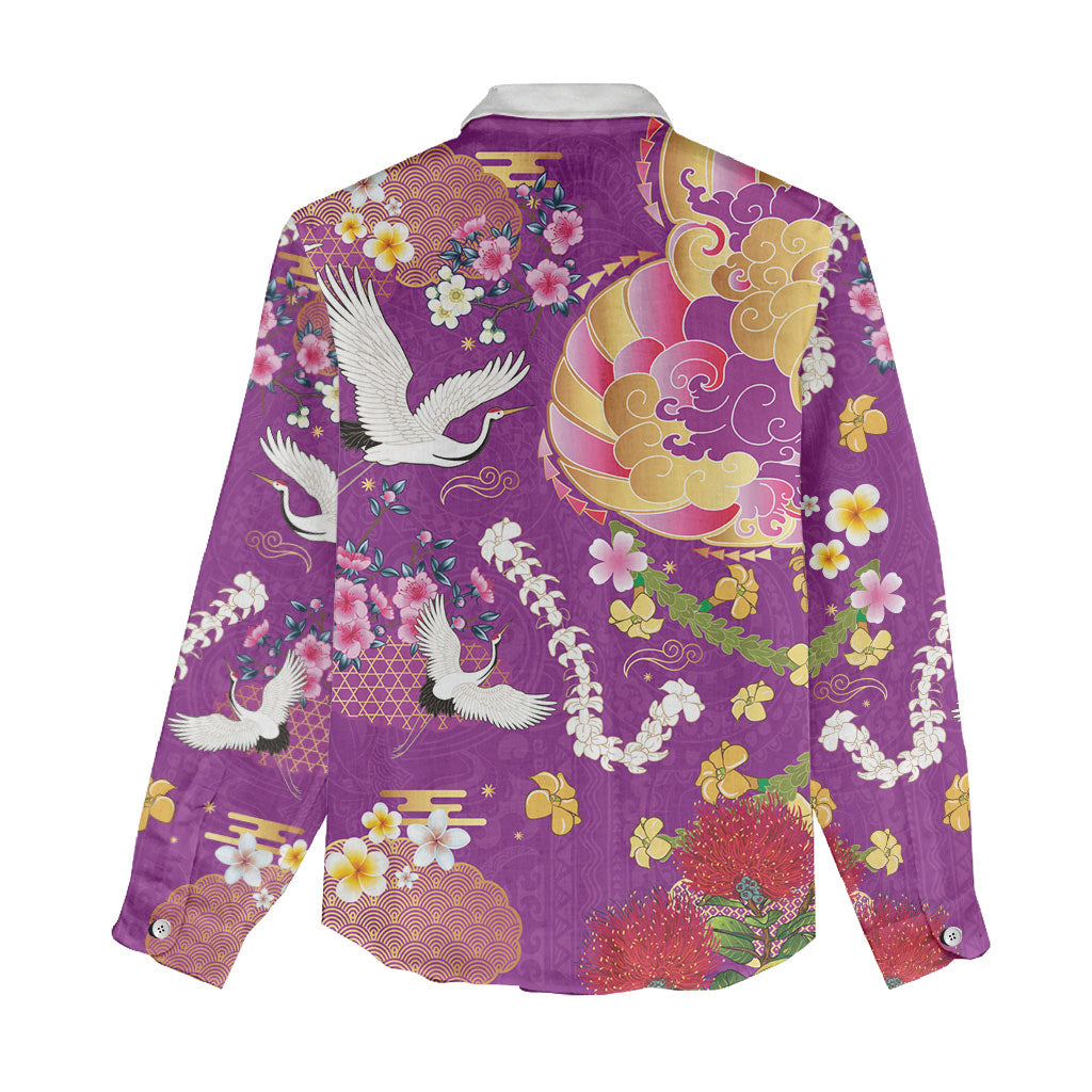 Hawaiian and Japanese Culture Together Women Casual Shirt Kakau Tribal Pattern and Irezumi Art Purple Color