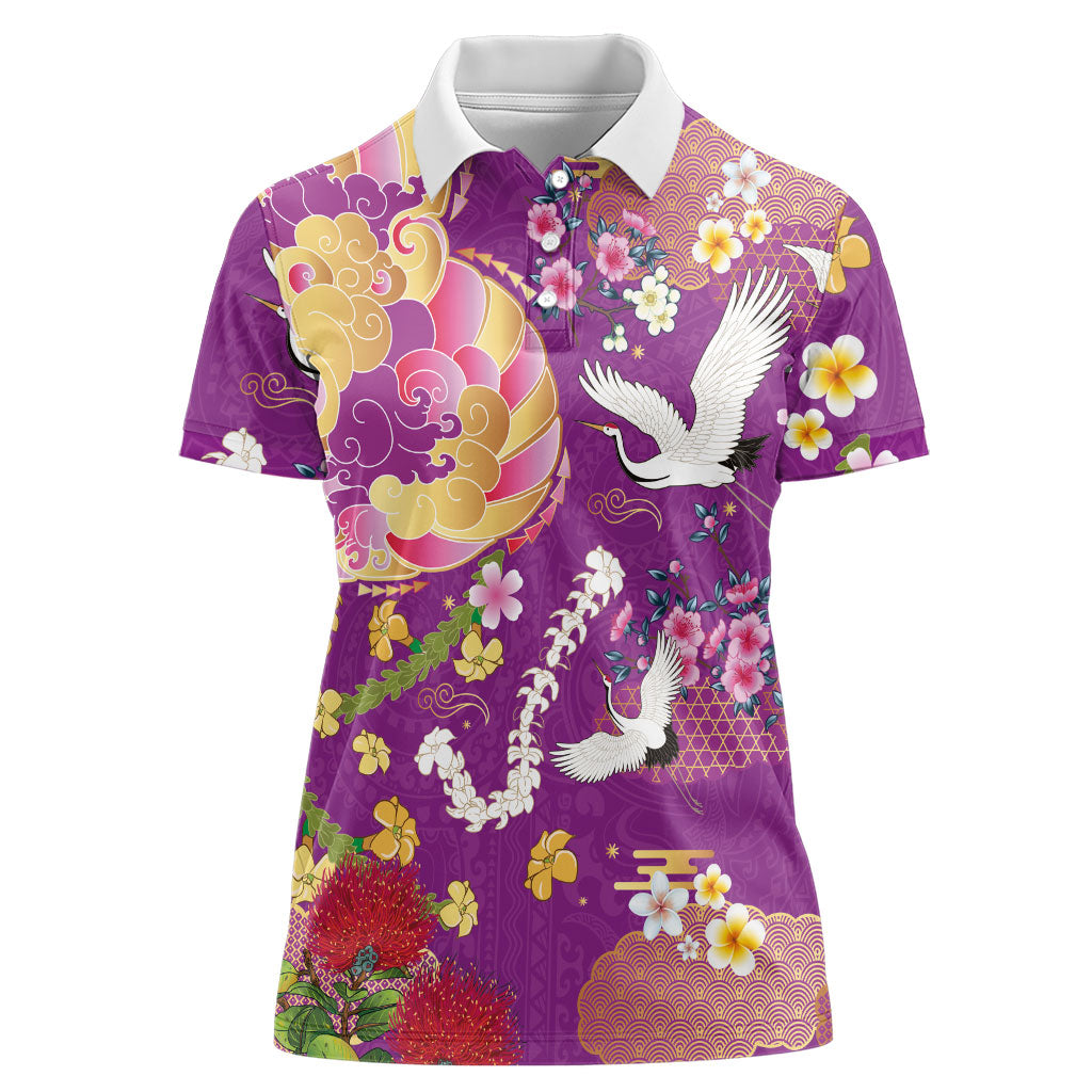 Hawaiian and Japanese Culture Together Women Polo Shirt Kakau Tribal Pattern and Irezumi Art Purple Color LT03 Female Purple - Polynesian Pride