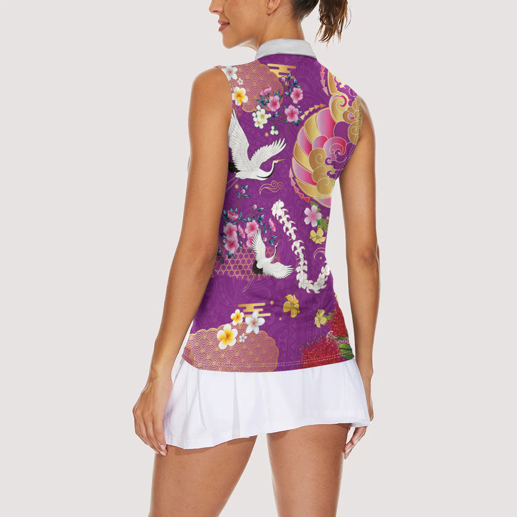 Hawaiian and Japanese Culture Together Women Sleeveless Polo Shirt Kakau Tribal Pattern and Irezumi Art Purple Color