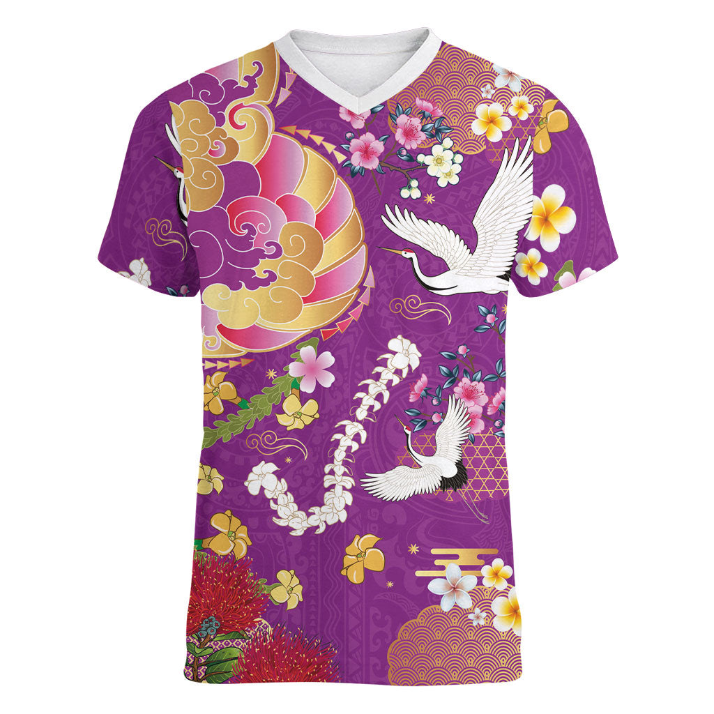 Hawaiian and Japanese Culture Together Women V-Neck T-Shirt Kakau Tribal Pattern and Irezumi Art Purple Color LT03 Female Purple - Polynesian Pride
