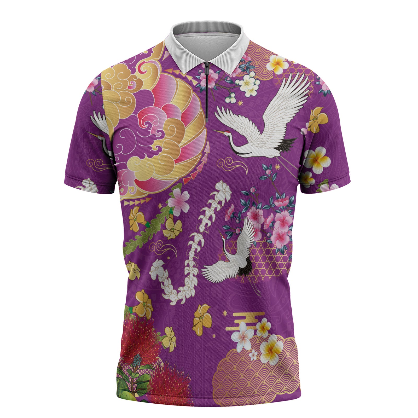 Hawaiian and Japanese Culture Together Zipper Polo Shirt Kakau Tribal Pattern and Irezumi Art Purple Color LT03 Purple - Polynesian Pride