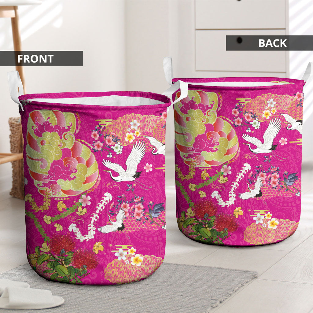 Hawaiian and Japanese Culture Together Laundry Basket Kakau Tribal Pattern and Irezumi Art Pink Color LT03 - Polynesian Pride