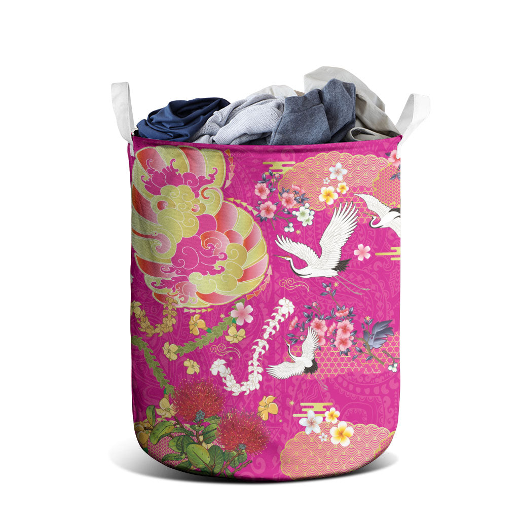 Hawaiian and Japanese Culture Together Laundry Basket Kakau Tribal Pattern and Irezumi Art Pink Color LT03 - Polynesian Pride