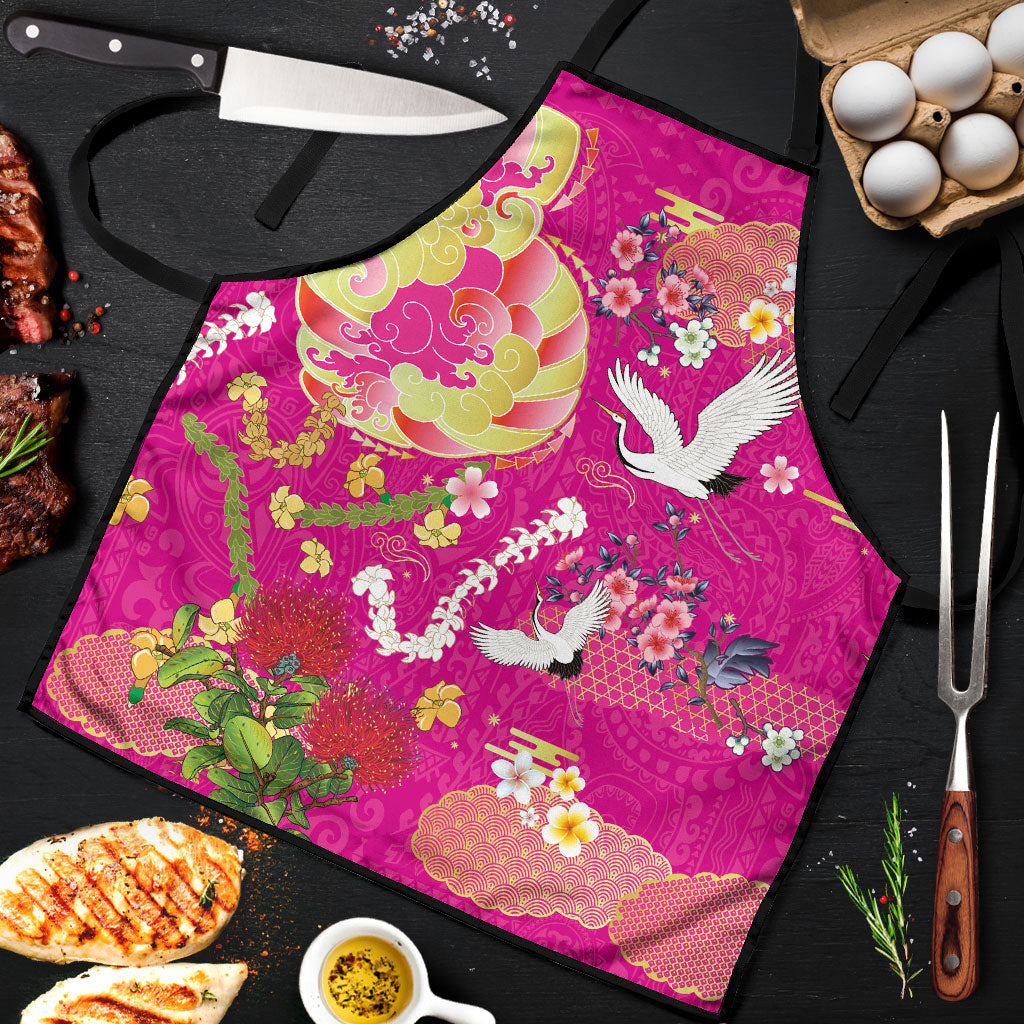 Hawaiian and Japanese Culture Together Apron Kakau Tribal Pattern and Irezumi Art Pink Color LT03 Pink - Polynesian Pride