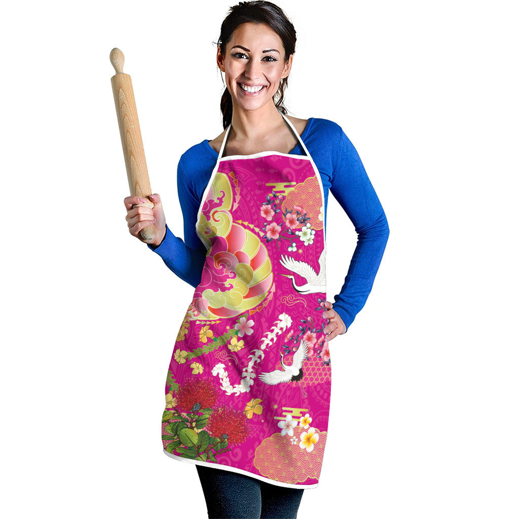 Hawaiian and Japanese Culture Together Apron Kakau Tribal Pattern and Irezumi Art Pink Color LT03 - Polynesian Pride