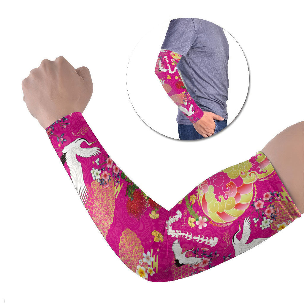 Hawaiian and Japanese Culture Together Arm Sleeves Kakau Tribal Pattern and Irezumi Art Pink Color LT03 Set of 2 Pink - Polynesian Pride