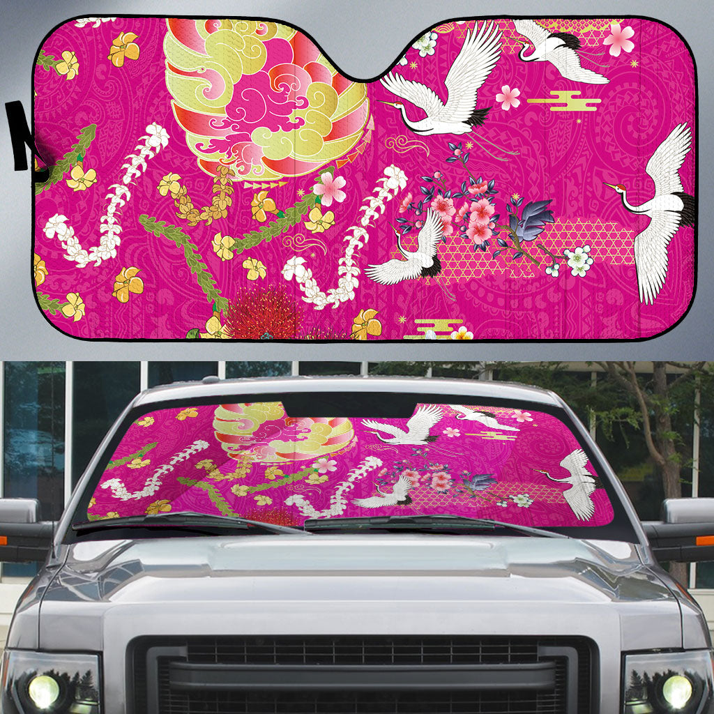 Hawaiian and Japanese Culture Together Auto Sun Shade Kakau Tribal Pattern and Irezumi Art Pink Color LT03 Pink - Polynesian Pride