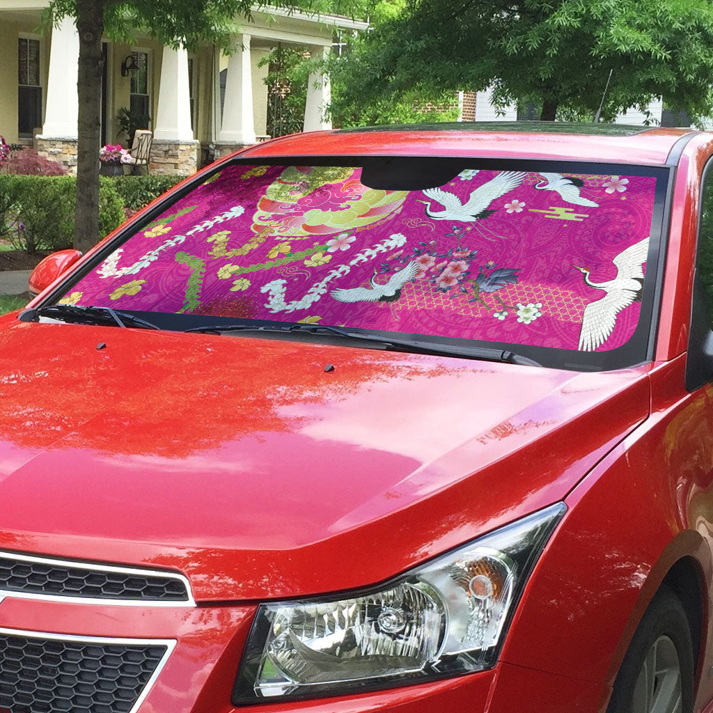 Hawaiian and Japanese Culture Together Auto Sun Shade Kakau Tribal Pattern and Irezumi Art Pink Color LT03 - Polynesian Pride