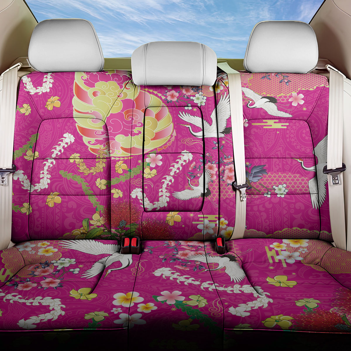 Hawaiian and Japanese Culture Together Back Car Seat Cover Kakau Tribal Pattern and Irezumi Art Pink Color LT03 One Size Pink - Polynesian Pride