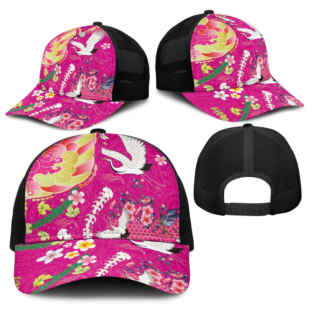 Hawaiian and Japanese Culture Together Baseball Net Cap Kakau Tribal Pattern and Irezumi Art Pink Color LT03 - Polynesian Pride