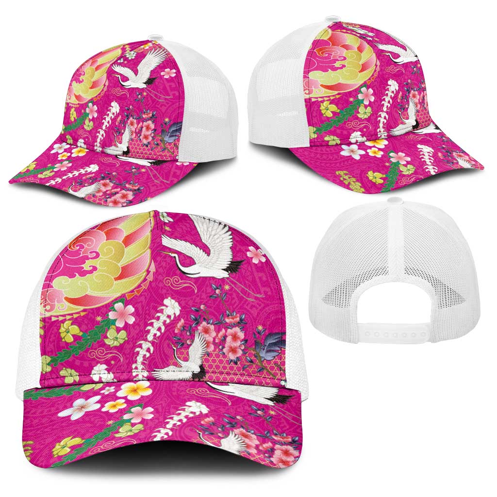 Hawaiian and Japanese Culture Together Baseball Net Cap Kakau Tribal Pattern and Irezumi Art Pink Color LT03 - Polynesian Pride