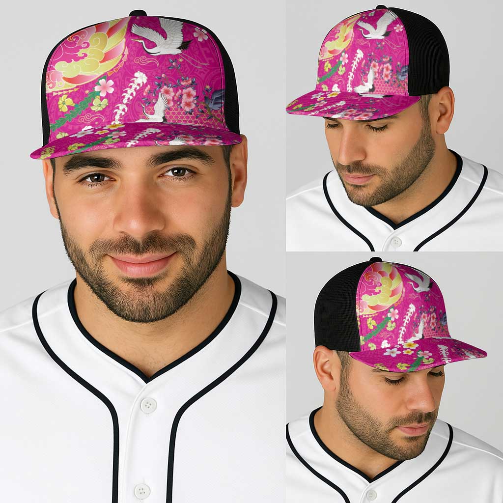Hawaiian and Japanese Culture Together Baseball Net Cap Kakau Tribal Pattern and Irezumi Art Pink Color LT03 - Polynesian Pride
