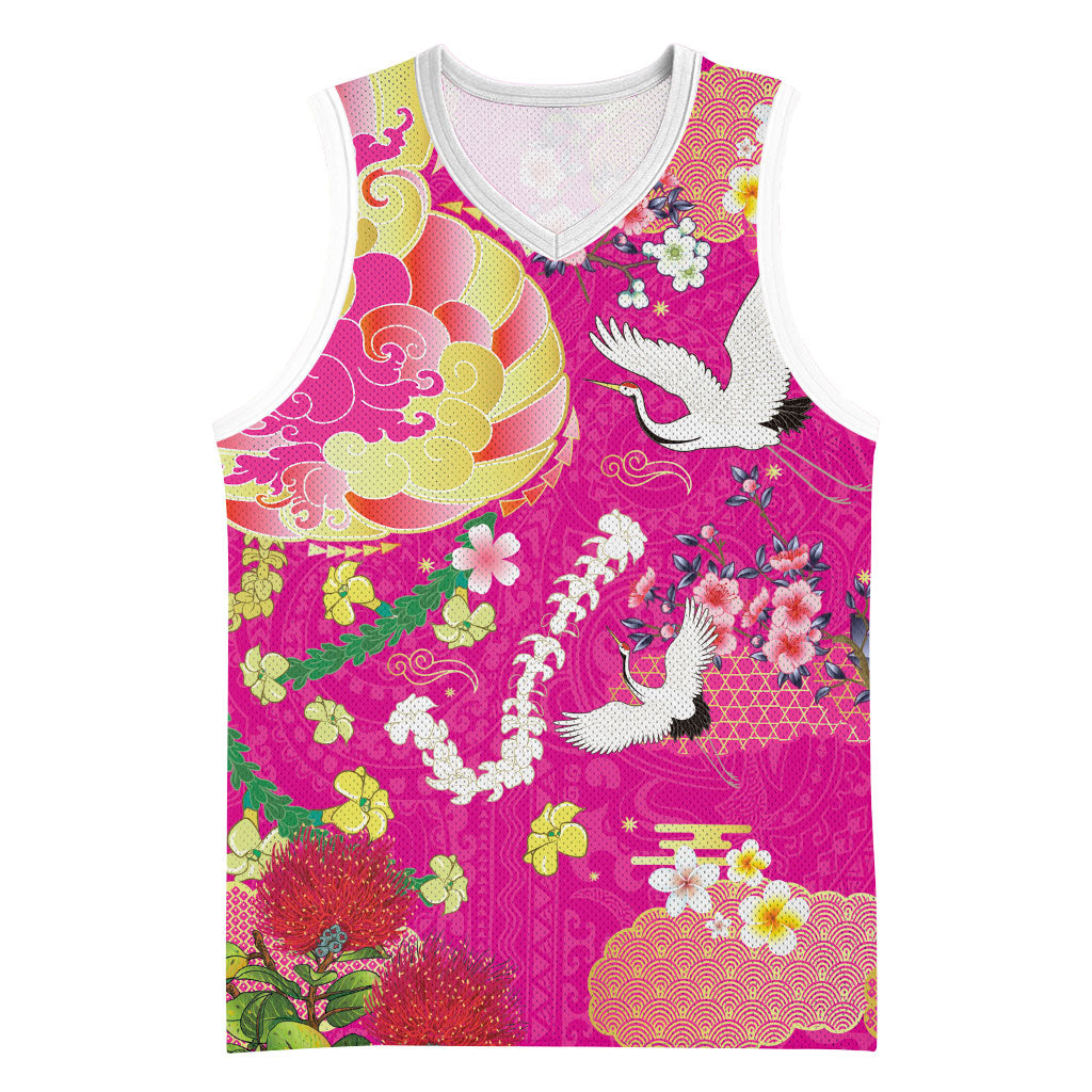 Hawaiian and Japanese Culture Together Basketball Jersey Kakau Tribal Pattern and Irezumi Art Pink Color LT03 Unisex Pink - Polynesian Pride