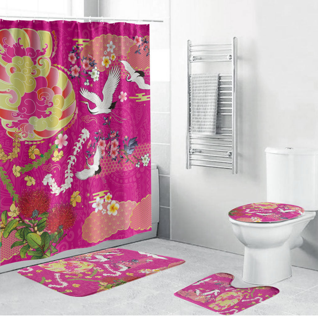 Hawaiian and Japanese Culture Together Bathroom Set Kakau Tribal Pattern and Irezumi Art Pink Color LT03 Bathroom Set (4 pcs) Pink - Polynesian Pride