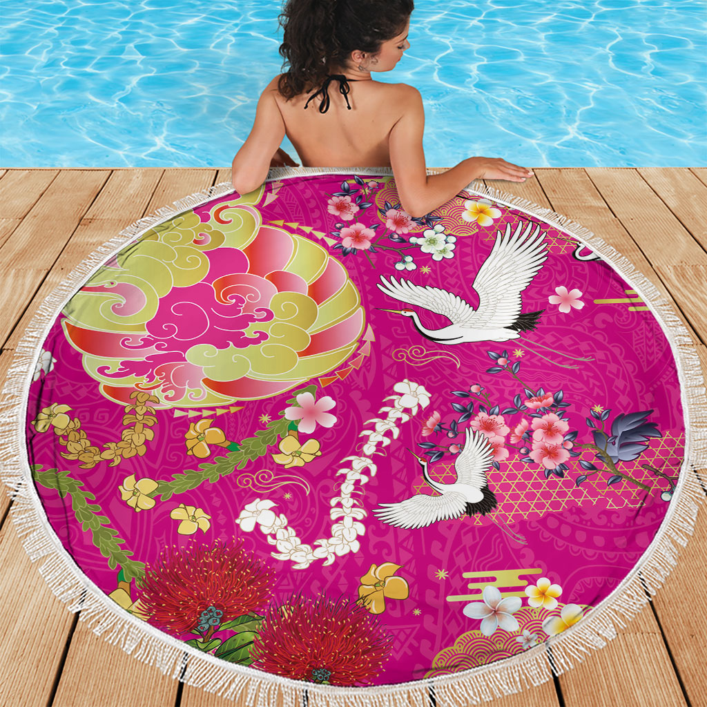 Hawaiian and Japanese Culture Together Beach Blanket Kakau Tribal Pattern and Irezumi Art Pink Color LT03 - Polynesian Pride