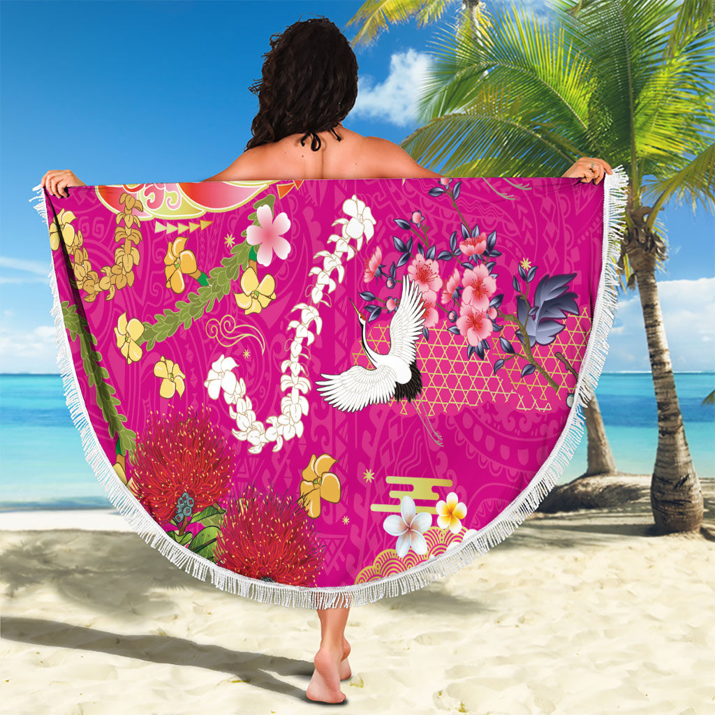 Hawaiian and Japanese Culture Together Beach Blanket Kakau Tribal Pattern and Irezumi Art Pink Color LT03 - Polynesian Pride