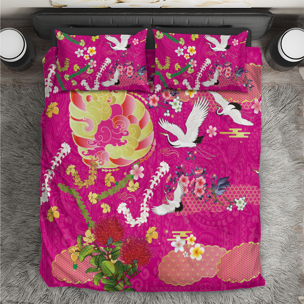 Hawaiian and Japanese Culture Together Bedding Set Kakau Tribal Pattern and Irezumi Art Pink Color LT03 Pink - Polynesian Pride