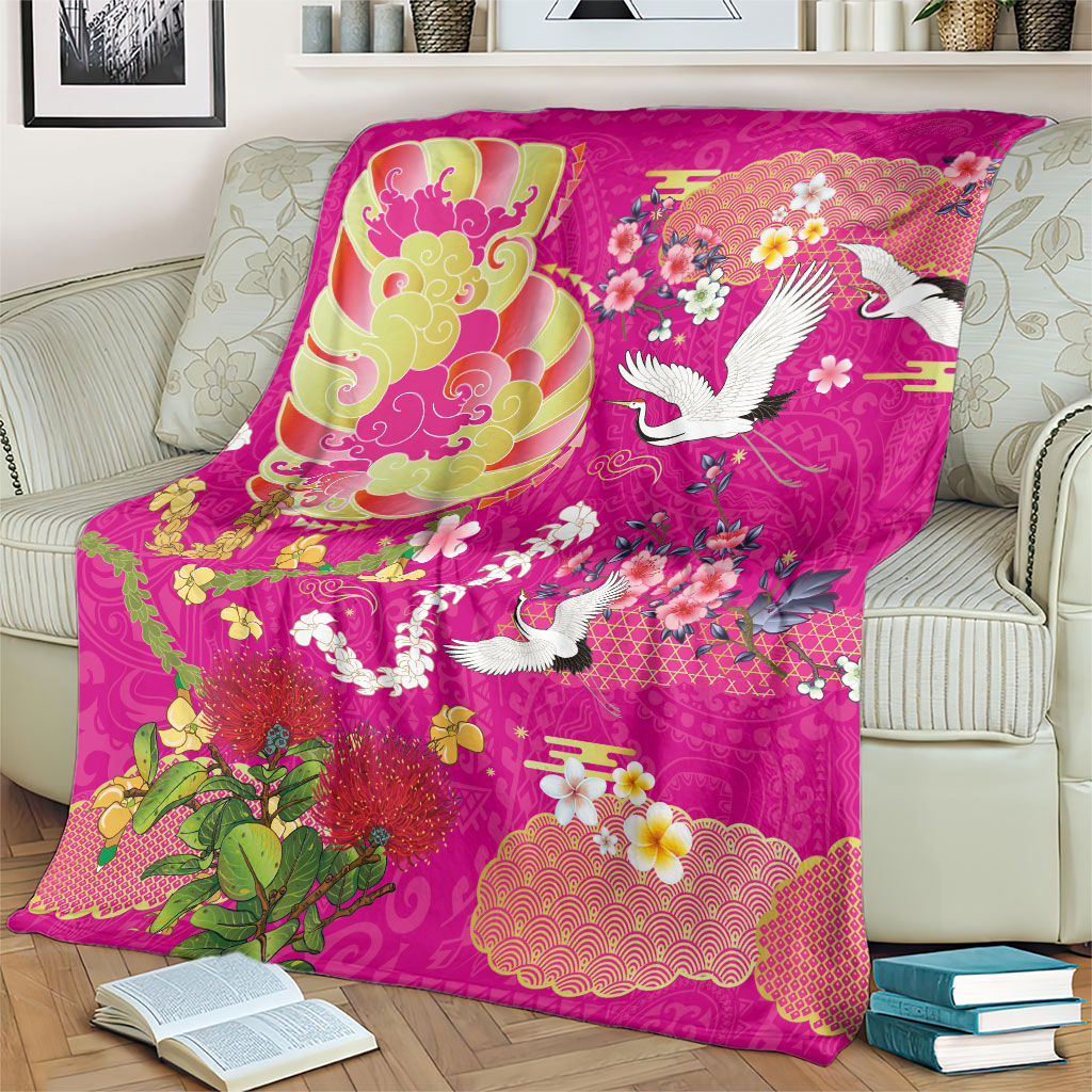 Hawaiian and Japanese Culture Together Blanket Kakau Tribal Pattern and Irezumi Art Pink Color LT03 - Polynesian Pride