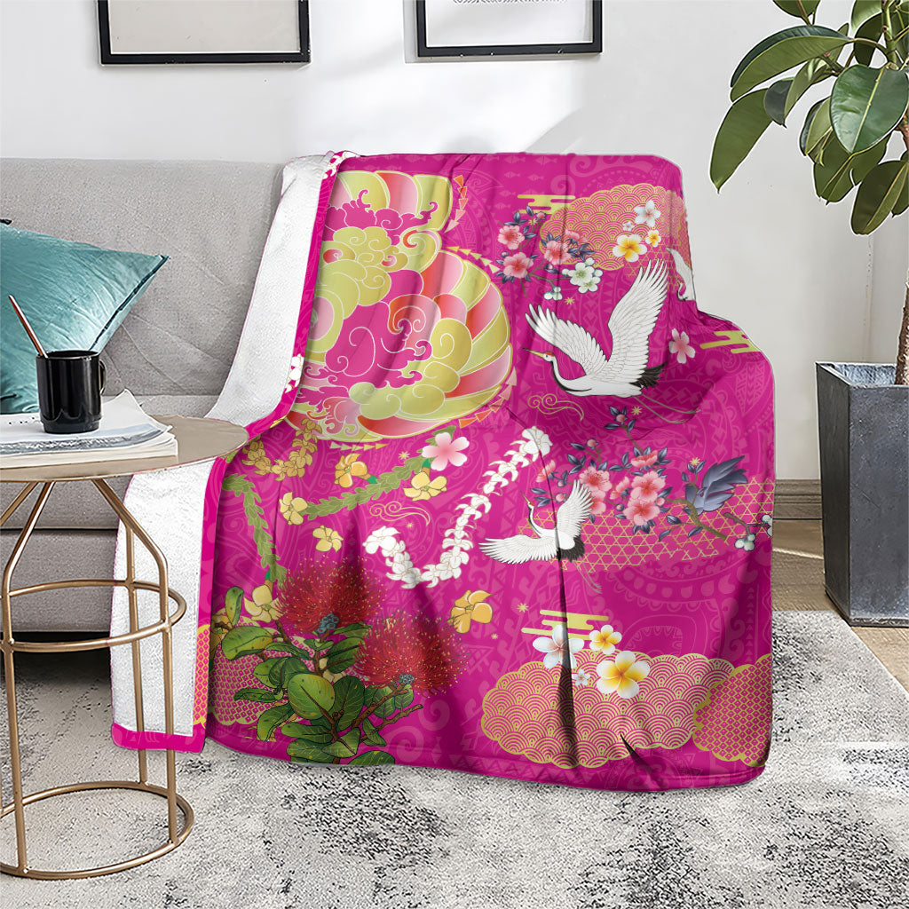 Hawaiian and Japanese Culture Together Blanket Kakau Tribal Pattern and Irezumi Art Pink Color LT03 - Polynesian Pride