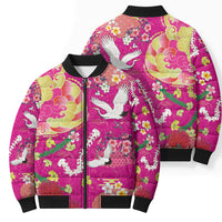 Hawaiian and Japanese Culture Together Bomber Puffer Jacket Kakau Tribal Pattern and Irezumi Art Pink Color