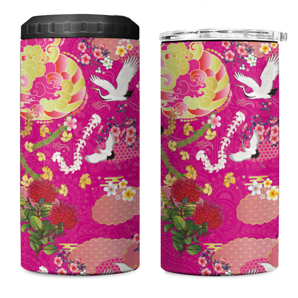 Hawaiian and Japanese Culture Together 4 in 1 Can Cooler Tumbler Kakau Tribal Pattern and Irezumi Art Pink Color LT03 One Size: 16 oz Pink - Polynesian Pride
