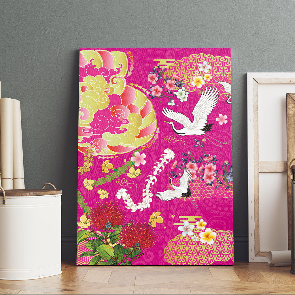 Hawaiian and Japanese Culture Together Canvas Wall Art Kakau Tribal Pattern and Irezumi Art Pink Color LT03 - Polynesian Pride