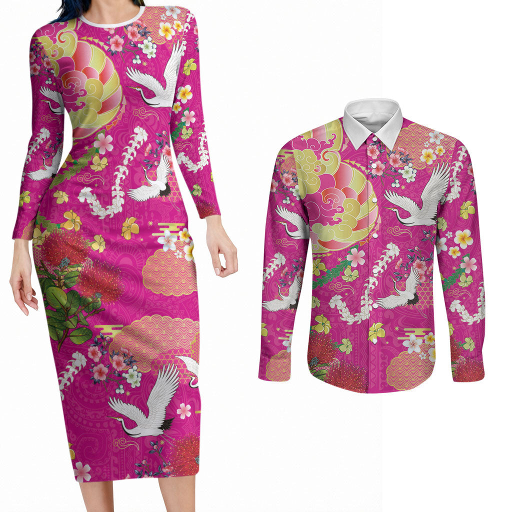 Hawaiian and Japanese Culture Together Couples Matching Long Sleeve Bodycon Dress and Long Sleeve Button Shirt Kakau Tribal Pattern and Irezumi Art Pink Color LT03 Pink - Polynesian Pride