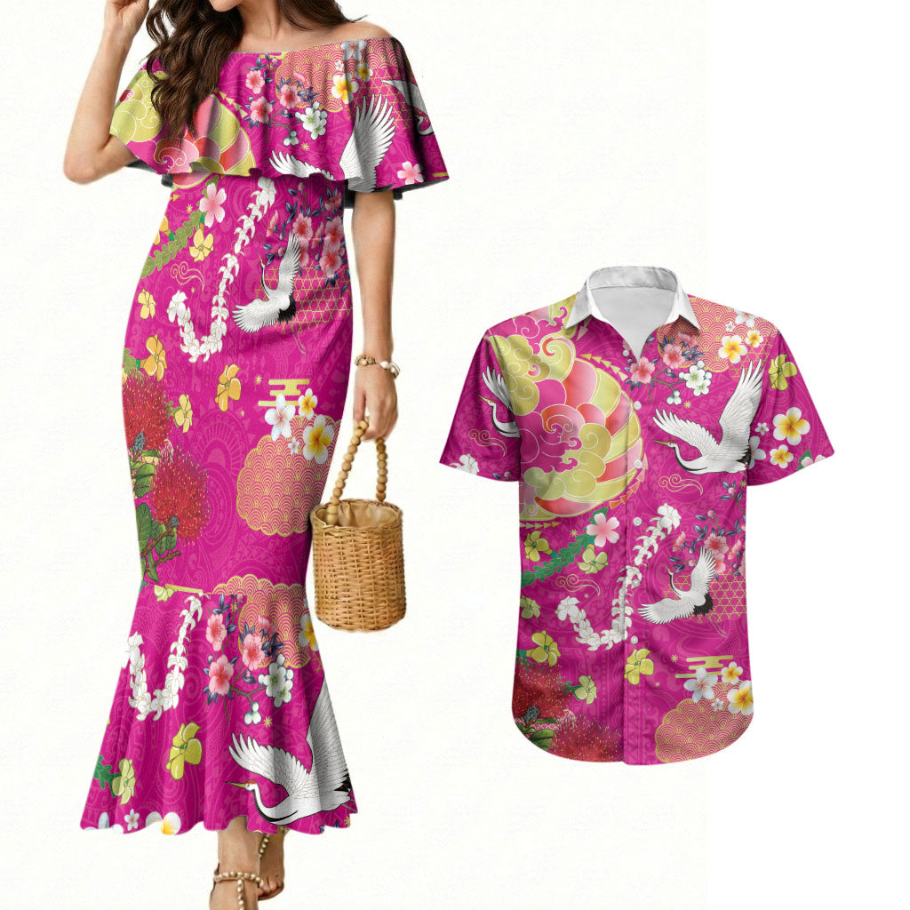 Hawaiian and Japanese Culture Together Couples Matching Mermaid Dress and Hawaiian Shirt Kakau Tribal Pattern and Irezumi Art Pink Color LT03 Pink - Polynesian Pride