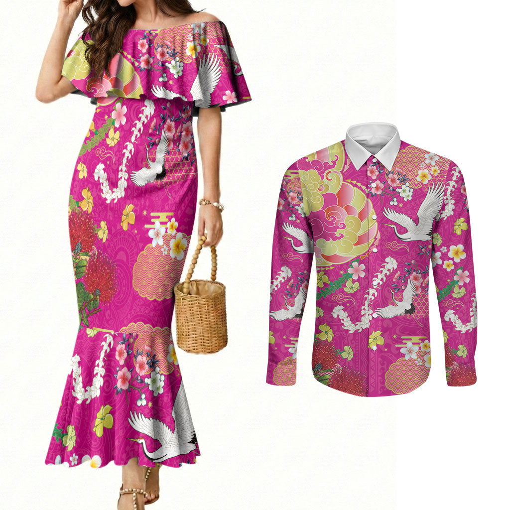 Hawaiian and Japanese Culture Together Couples Matching Mermaid Dress and Long Sleeve Button Shirt Kakau Tribal Pattern and Irezumi Art Pink Color LT03 Pink - Polynesian Pride