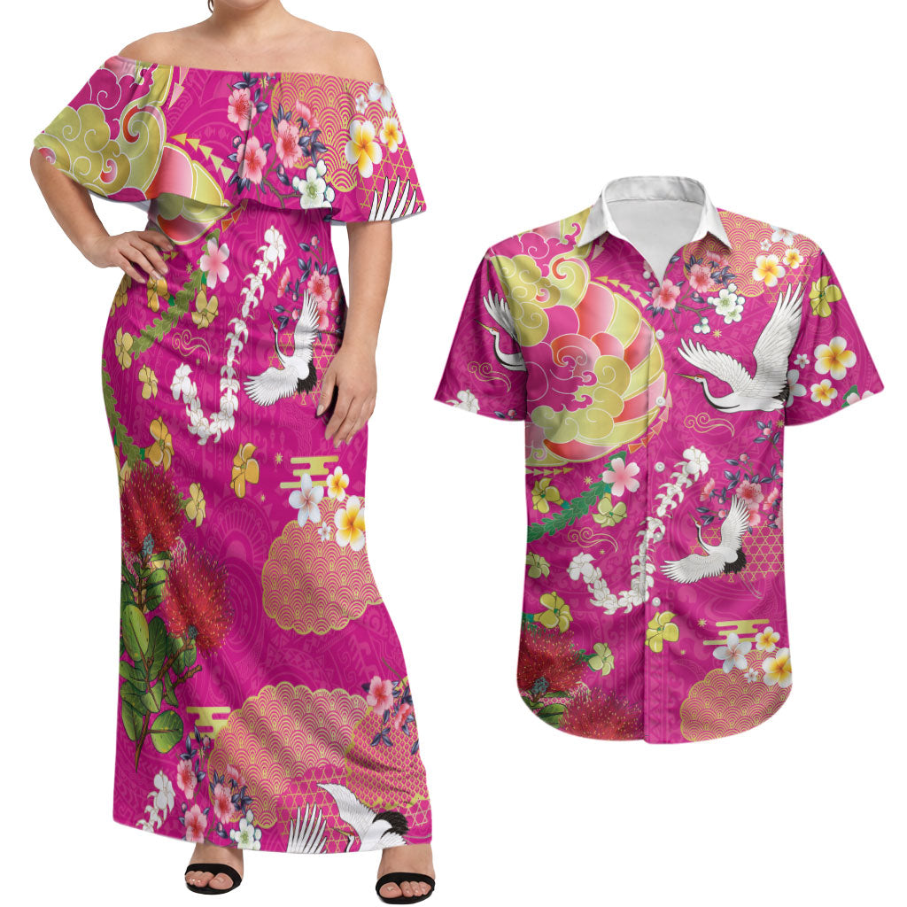 Hawaiian and Japanese Culture Together Couples Matching Off Shoulder Maxi Dress and Hawaiian Shirt Kakau Tribal Pattern and Irezumi Art Pink Color LT03 Pink - Polynesian Pride