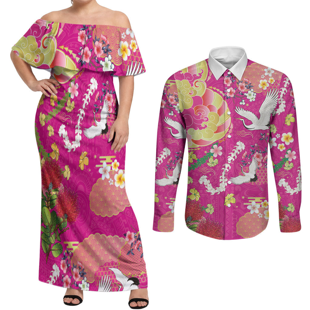 Hawaiian and Japanese Culture Together Couples Matching Off Shoulder Maxi Dress and Long Sleeve Button Shirt Kakau Tribal Pattern and Irezumi Art Pink Color LT03 Pink - Polynesian Pride