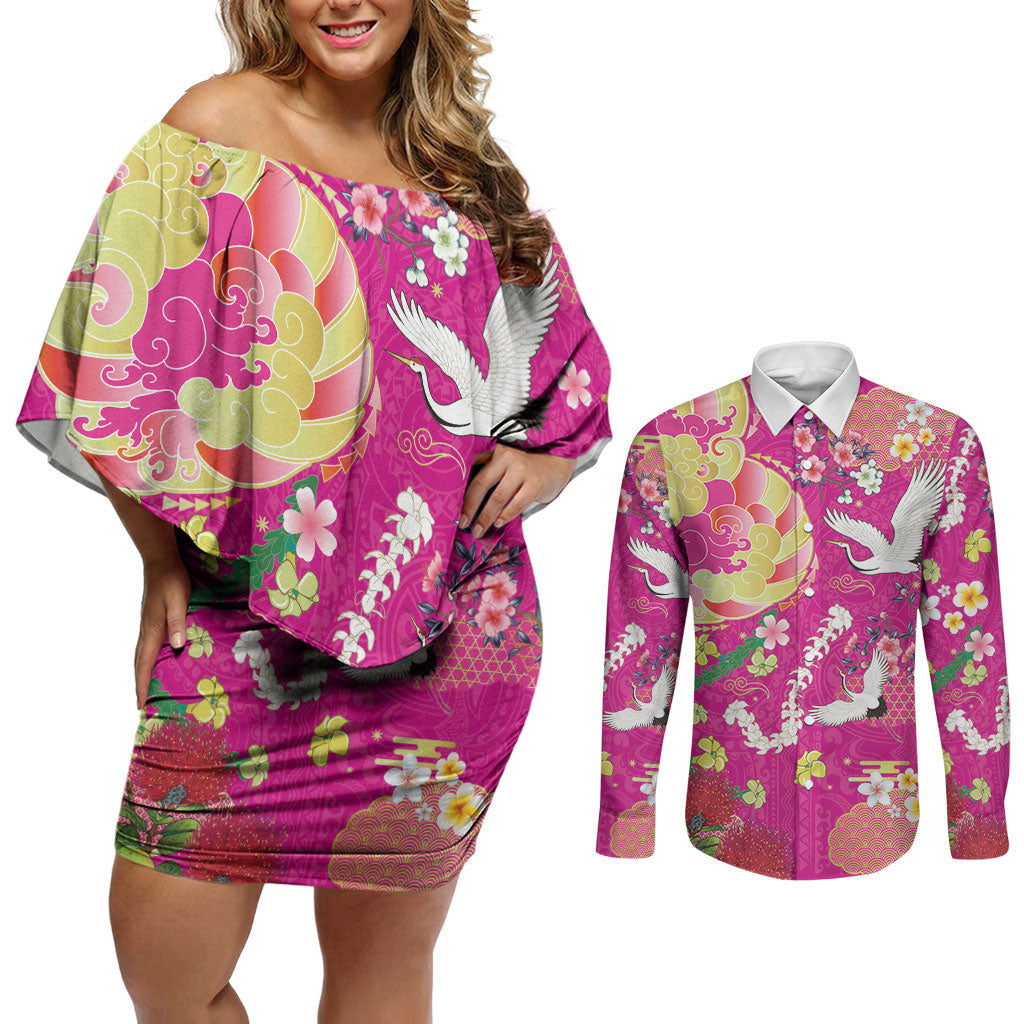 Hawaiian and Japanese Culture Together Couples Matching Off Shoulder Short Dress and Long Sleeve Button Shirt Kakau Tribal Pattern and Irezumi Art Pink Color LT03 Pink - Polynesian Pride
