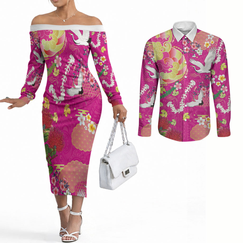 Hawaiian and Japanese Culture Together Couples Matching Off The Shoulder Long Sleeve Dress and Long Sleeve Button Shirt Kakau Tribal Pattern and Irezumi Art Pink Color LT03 Pink - Polynesian Pride