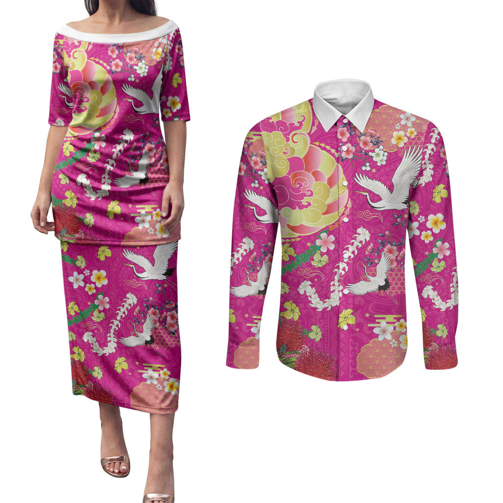 Hawaiian and Japanese Culture Together Couples Matching Puletasi and Long Sleeve Button Shirt Kakau Tribal Pattern and Irezumi Art Pink Color LT03 Pink - Polynesian Pride